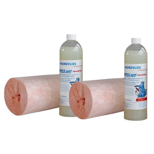 WIPEX-WET Hand & Tool Nachfüllpack, 4 Rollen Vliesstoff á 120 Tücher, 4 Flaschen Reiniger á 1 l.
