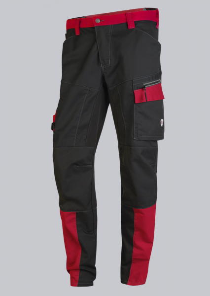 BP-HYBRID-ARBEITSHOSE, leicht, Stretcheinsätze, Reflexelemente am Bein und an der Schenkeltasche, Farbe: schwarz/rot