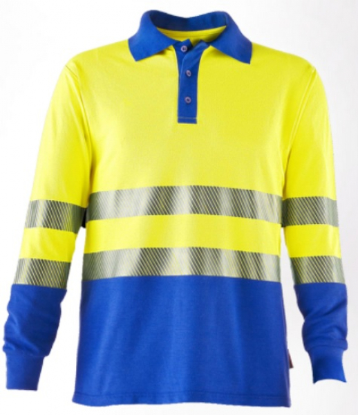 ROFA-Warnschutz, Warn-Schutz-Poloshirt, langarm, Multinormen, ca. 220 g/m², leuchtgelb-kornblau