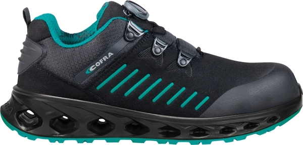 Cofra-RUMBLE ESD S3S FO SR, HALBSCHUH MICROFASER SCHWARZ/GRUNER STOFF/FPT/ESD-BOA SYSTEM