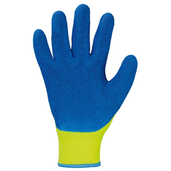 F-STRONGHAND, Mittelstrick, Acryl, Latex beschichtet, Arbeitshandschuhe, *HARRER*, Pkg.a`12, gelb/blau