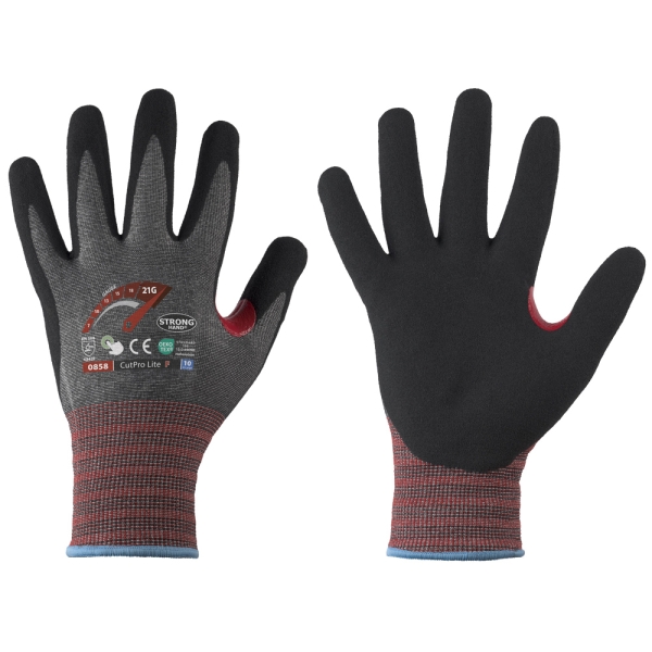 F-*CUTPRO LITE F* STRONGHAND® HANDSCHUHE-LEVEL F, SCHNITTSCHUTZ, TOUCH SCREEN FUNKTION, 21 G, NITRIL, GRAU/SCHWARZ, KAT 2