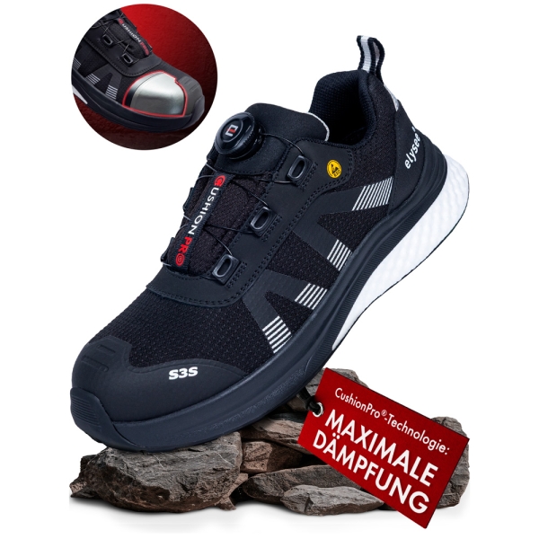 F-*CUSHIONPRO® SHIELD* HALBSCHUHE S3S-*ELYSEE®* SCHWARZ/ WEIß ABGESETZT EN ISO 20345:2022 + A1:2024 S3S FO SR SC ESD