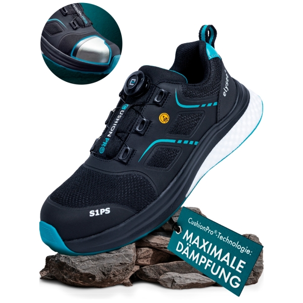F-*CUSHIONPRO® FLEX II* HALBSCHUHE S1PS-*ELYSEE®* SCHWARZ/ PETROL ABGESETZT EN ISO 20345:2022 + A1:2024 S1PS FO SR SC ESD