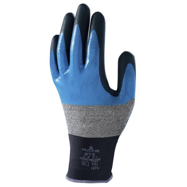 F-*SHOWA 376R* SHOWA® HANDSCHUHE, POLYESTER, POLYAMID / 3/4 NITRIL / NITRILSCHAUM, BLAU / SCHWARZ, CAT 2