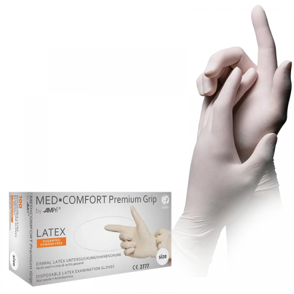 AMPRI-Med-Comfort Premium Grip, Einmal-Latex-Einweghandschuhe, weiß, ungepudert, VE= 10 Boxen á 100 Stück