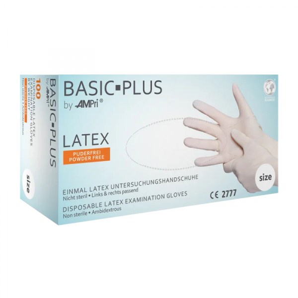 AMPRI-Hand-Schutz, Einweg-Latex-Einmal-Handschuhe, BASIC PLUS, puderfrei, weiß, Pkg á 100 Stück, VE = 1 Pkg.