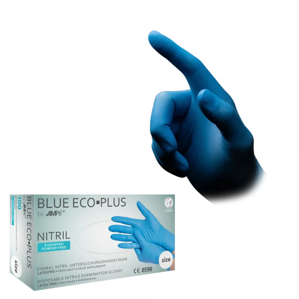 AMPRI-Hand-Schutz, Einweg-Nitril-Einmal-Handschuhe, BLUE ECO PLUS, puderfrei, blau, Pkg á 100 Stück, VE = 1 Pkg.