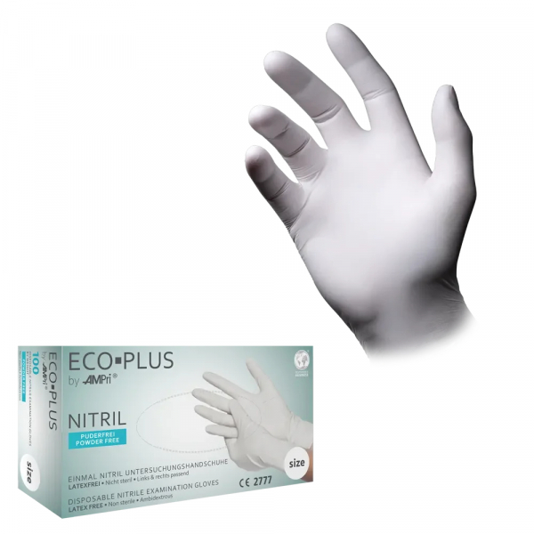 AMPRI-Hand-Schutz, Einweg-Nitril-Einmal-Handschuhe, ECO PLUS, puderfrei, weiß, Pkg á 100 Stück, VE = 1 Pkg.