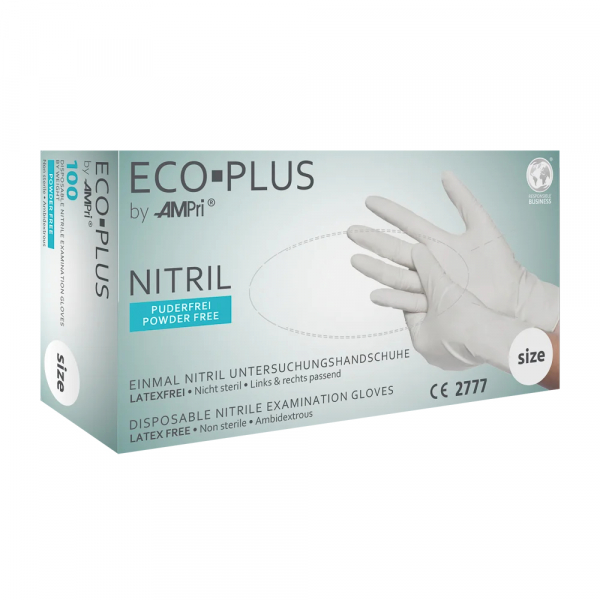AMPRI-Hand-Schutz, Einweg-Nitril-Einmal-Handschuhe, ECO PLUS, puderfrei, weiß, Pkg á 100 Stück, VE = 1 Pkg.