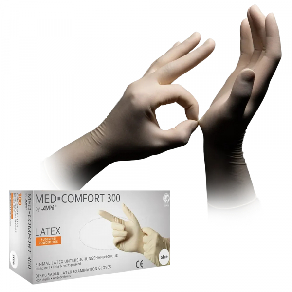 AMPRI-Hand-Schutz, Einweg-Latex-Einmal-Handschuhe, MED COMFORT 300, puderfrei, weiß, Pkg á 100 Stück, VE = 10 Pkg.
