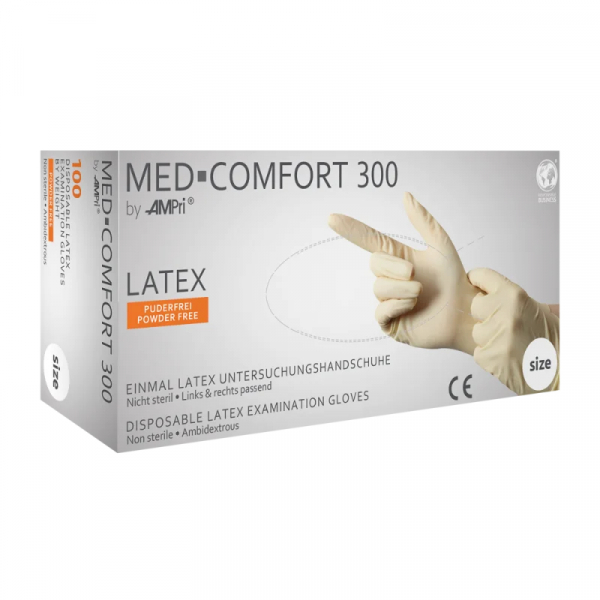 AMPRI-Hand-Schutz, Einweg-Latex-Einmal-Handschuhe, MED COMFORT 300, puderfrei, weiß, Pkg á 100 Stück, VE = 10 Pkg.