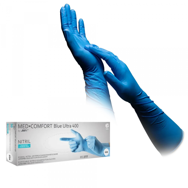 AMPRI-Hand-Schutz, Einweg-Nitril-Einmal-Handschuhe, MED COMFORT BLUE ULTRA 400, puderfrei, Pkg á 50 Stück, VE = 20 Pkg.