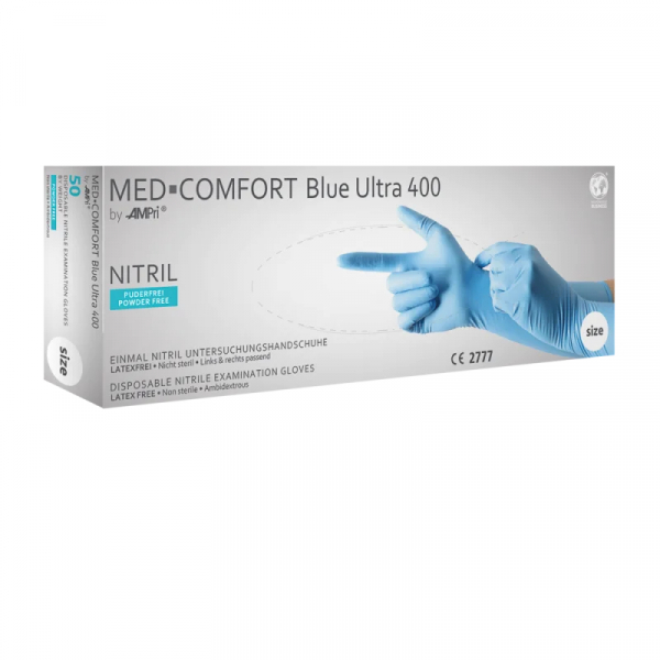 AMPRI-Hand-Schutz, Einweg-Nitril-Einmal-Handschuhe, MED COMFORT BLUE ULTRA 400, puderfrei, Pkg á 50 Stück, VE = 20 Pkg.