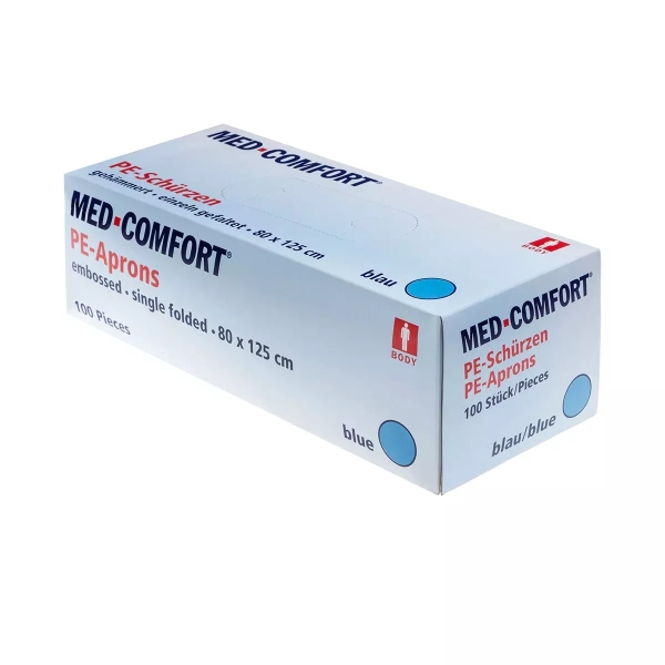 AMPRI-Einweg-PE-Schürzen, Einmalschürzen, MED COMFORT, gehämmert, 80 x 125 cm, blau, VE = 10 Pkg. á 100 Stück