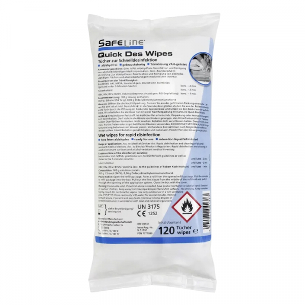 AMPRI-Desinfektionstücher, Nachfüllpackung, Safeline Quick Des Wipes Refill, VE= 10 Boxen á 120 Stück