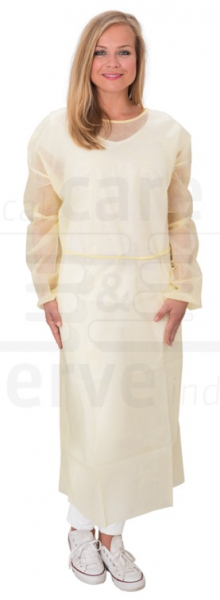 WIROS-Jobwear, Einweg-Vlies-Kittel, Einmal-Mantel, Schutzkittel, PE Laminierungan Armen & Frontpartie, Gummizugbündchen, gemäß EN 14126, 140 x 130 cm, Pkg á 10 Stück, VE = 100 Stück, gelb