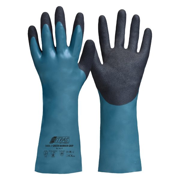 NITRAS GREEN BARRIER CUT, Chemikalienschutzhandschuhe, Nitril, neongelb, mit zweifacher Beschichtung, Farbe: petrol