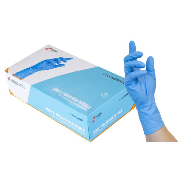 NITRAS HIGH RISK NITRILE, Nitril-Einmalhandschuhe, blau (Farbcode: 2200), unsteril, Rollrand, puderfrei, hervorragende Passgenauigkeit, besonders robust, für Lebensmittelkontakt, beidseitig tragbar (linke und rechte Hand), mikrogeraute Fingerspitzen,