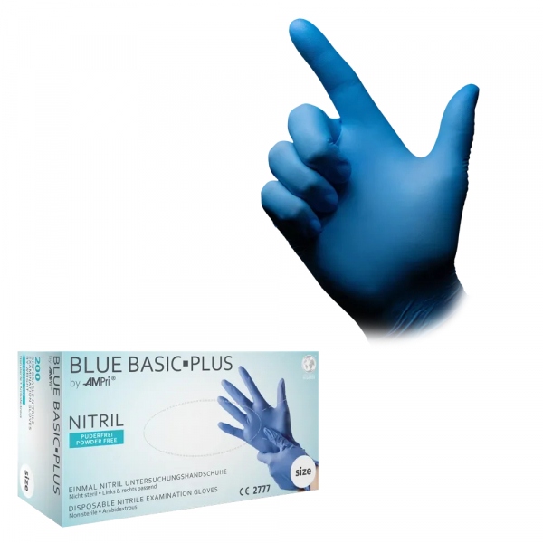 AMPRI-Hand-Schutz, Einweg-Nitril-Einmal-Handschuhe, BLUE BASIC PLUS, puderfrei, unsteril, Pkg á 200 Stück, VE = 10 Pkg, blau