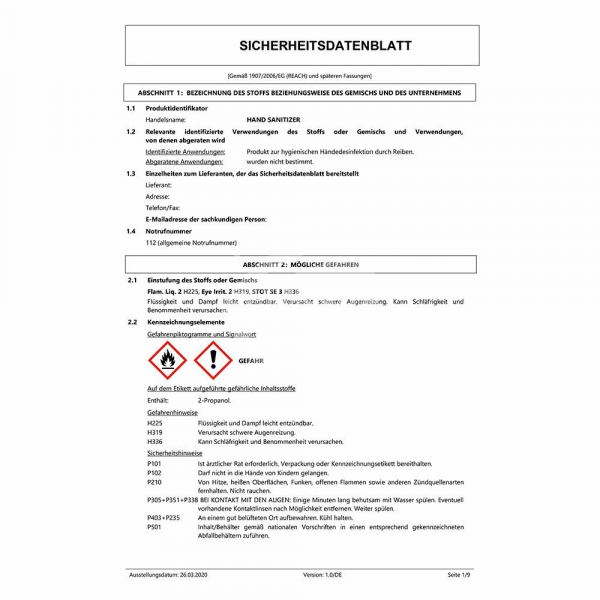 HAND-SANITIZER-Hygiene, Handdesinfektion - Hände-Desinfektionsmittel, 120 ml