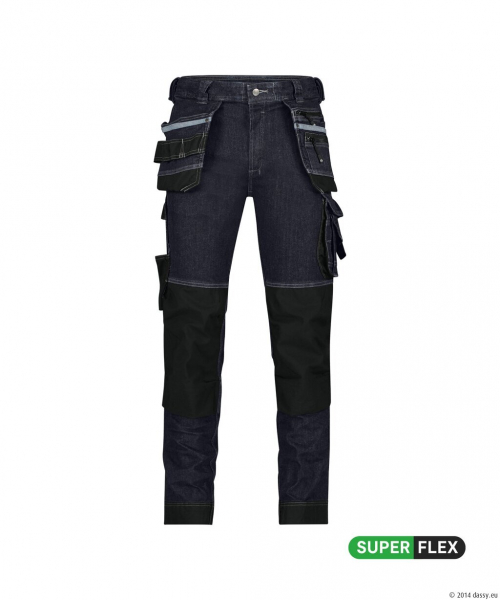 DASSY® Melbourne Stretch-Arbeitsjeans mit Holstertaschen und Kniepolstertaschen, jeansblau/schwarz