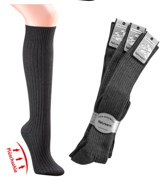 WOWERAT-Schafwolle-Kniestrümpfe, 6er-Teilung, mit Plüschsohle, 3-er Pkg., anthrazitmelange