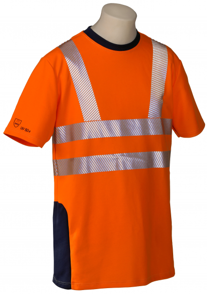 HB-Warnschutz, Warn- und Wetterschutz-T-Shirt, 185 g/m², warnorange-rot/hydronblau