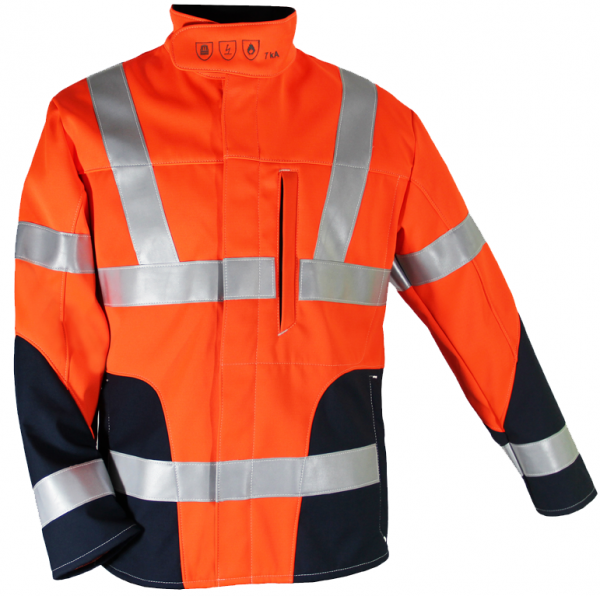 HB-Warnschutz, Warn- und Wetterschutz-Softshelljacke, 480 g/m², warnorange-rot/schwarzblau