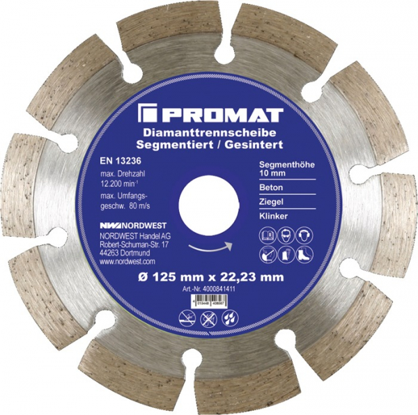PROMAT-Betriebsbedarf, Diamanttrennscheibe D.125mm Bohrung 22,23M-Betriebsbedarf,m segmentiert 10mm