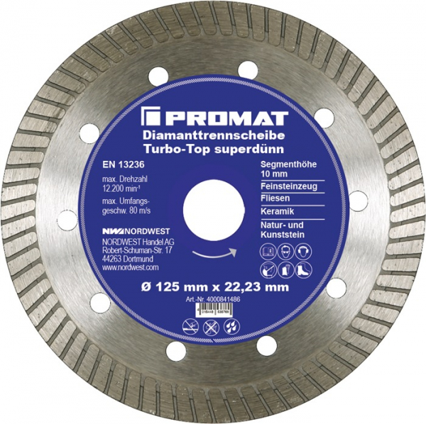 PROMAT-Betriebsbedarf, Diamanttrennscheibe Turbo-Top D.125mm Bohrung 22,23M-Betriebsbedarf,m superdünn 10mm