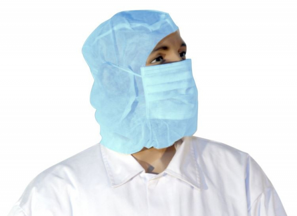 Einweg-Astrohaube mit Mundschutz aus PP-Vlies, blau, Mundschutz 2-lagig, VE = 1 Pkg. á 100 Stk.