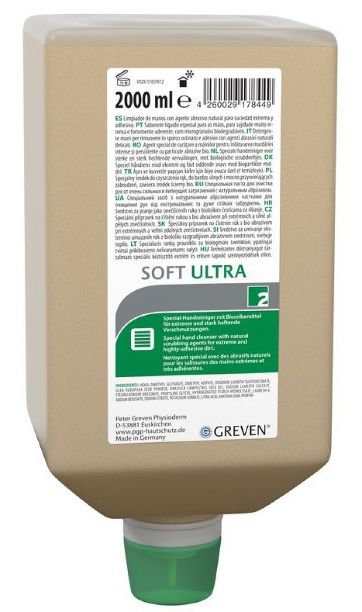 GREVEN-Hygiene, Handreiniger, Soft Ultra, Natur-Reibemittel,  Varioflasche 2 Liter