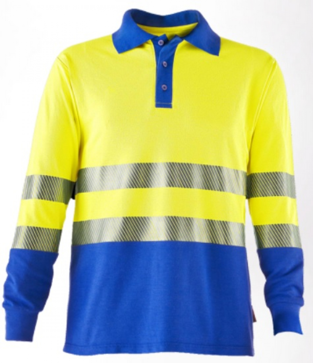 ROFA-Warnschutz, Warn-Schutz-Poloshirt, langarm, Multinormen, ca. 220 g/m, leuchtgelb-kornblau