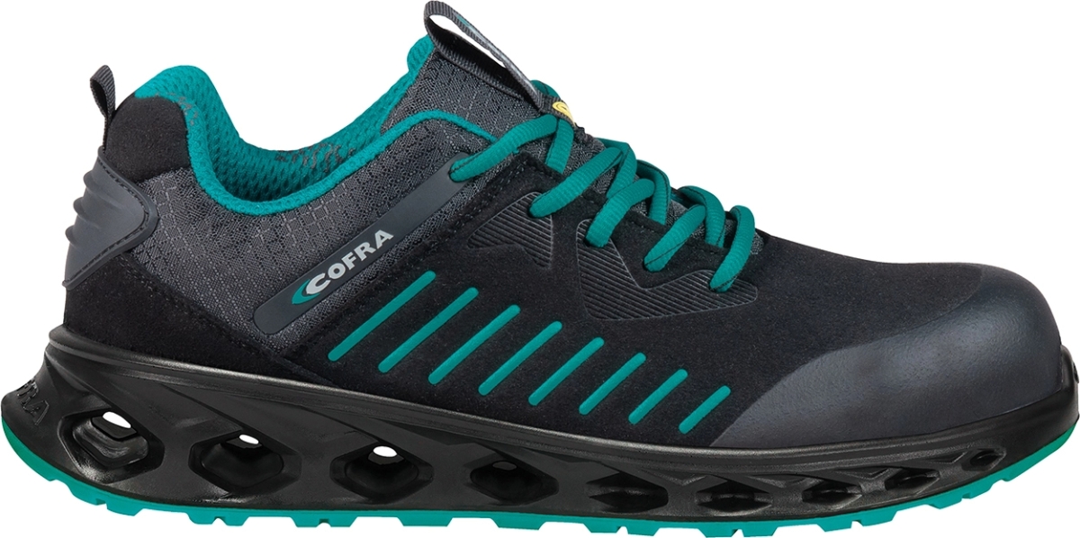 Cofra-FIX ESD S3S FO SR, HALBSCHUH MICROFASER SCHWARZ/GRUNER STOFF/FPT ZWISCHENS./ESD