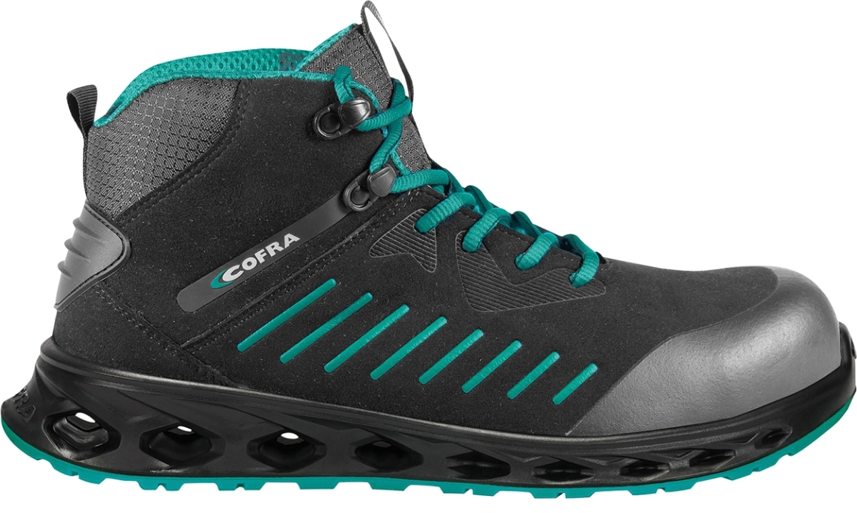 Cofra-JUMPING ESD S3S FO SR, HOCHSCHUH MICROFASER SCHWARZ/GRUNER STOFF/FPT ZWISCHENS./ESD