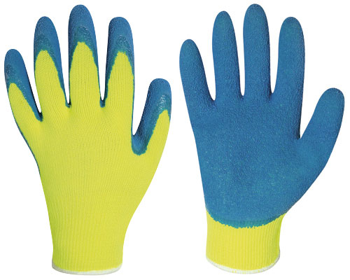 F-STRONGHAND, Mittelstrick, Acryl, Latex beschichtet, Arbeitshandschuhe, *HARRER*, Pkg.a`12, gelb/blau