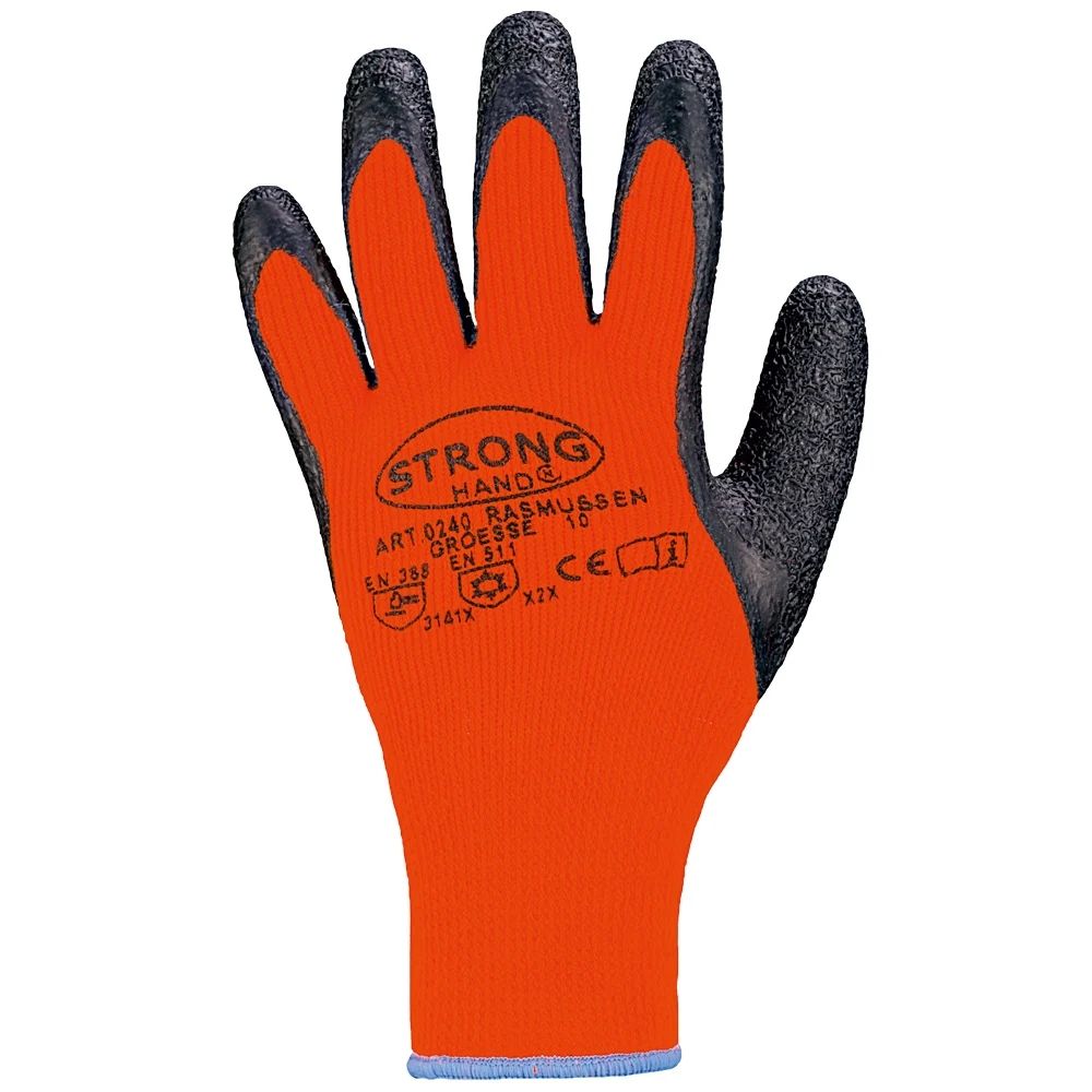 F-STRONGHAND, Mittelstrick, Acryl, Latex beschichtet, Arbeitshandschuhe, *RASMUSSEN*, Pkg.a`12, schwarz/orange