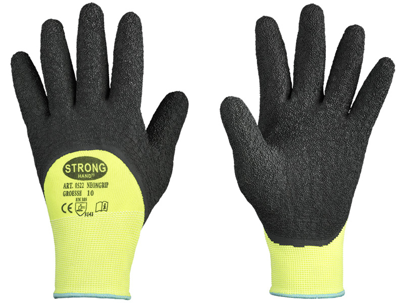 F-STRONGHAND, Latex, Arbeitshandschuhe, *NEONGRIP*, Pkg.a`12, schwarz/neongelb
