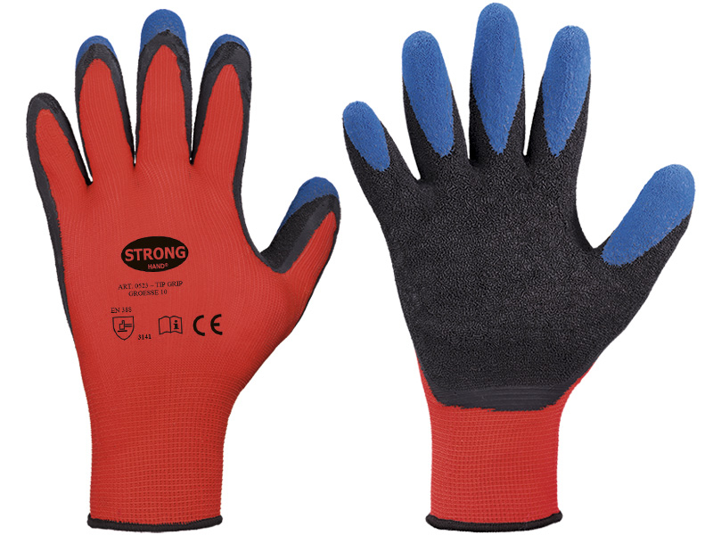 F-STRONGHAND, Feinstrick, Arbeitshandschuhe, *TIP GRIP*, VE: 120 Paar, rot/schwarz/blau