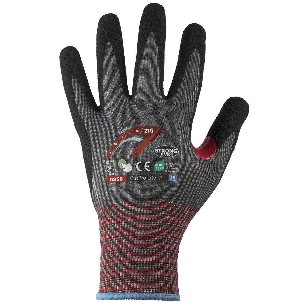 F-*CUTPRO LITE F* STRONGHAND® HANDSCHUHE-LEVEL F, SCHNITTSCHUTZ, TOUCH SCREEN FUNKTION, 21 G, NITRIL, GRAU/SCHWARZ, KAT 2