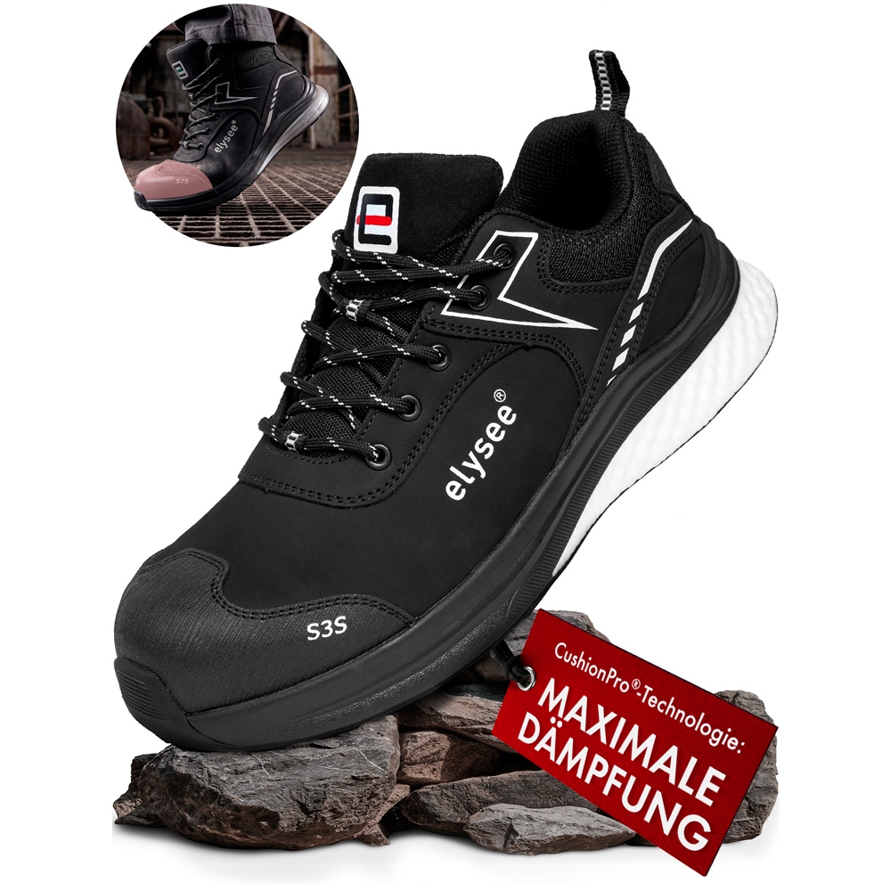 F-*CUSHIONPRO® FORGE* HALBSCHUHE S3S-*ELYSEE®* SCHWARZ/ WEIß ABGESETZT EN ISO 20345:2022 + A1:2024 S3S FO SR SC