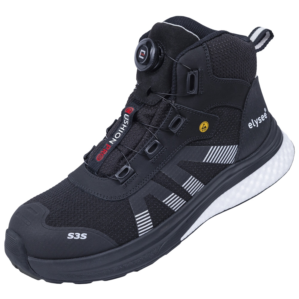F-*CUSHIONPRO® MAX* STIEFEL S3S-*ELYSEE®* SCHWARZ/ WEIß ABGESETZT EN ISO 20345:2022 + A1:2024 S3S FO SR SC ESD