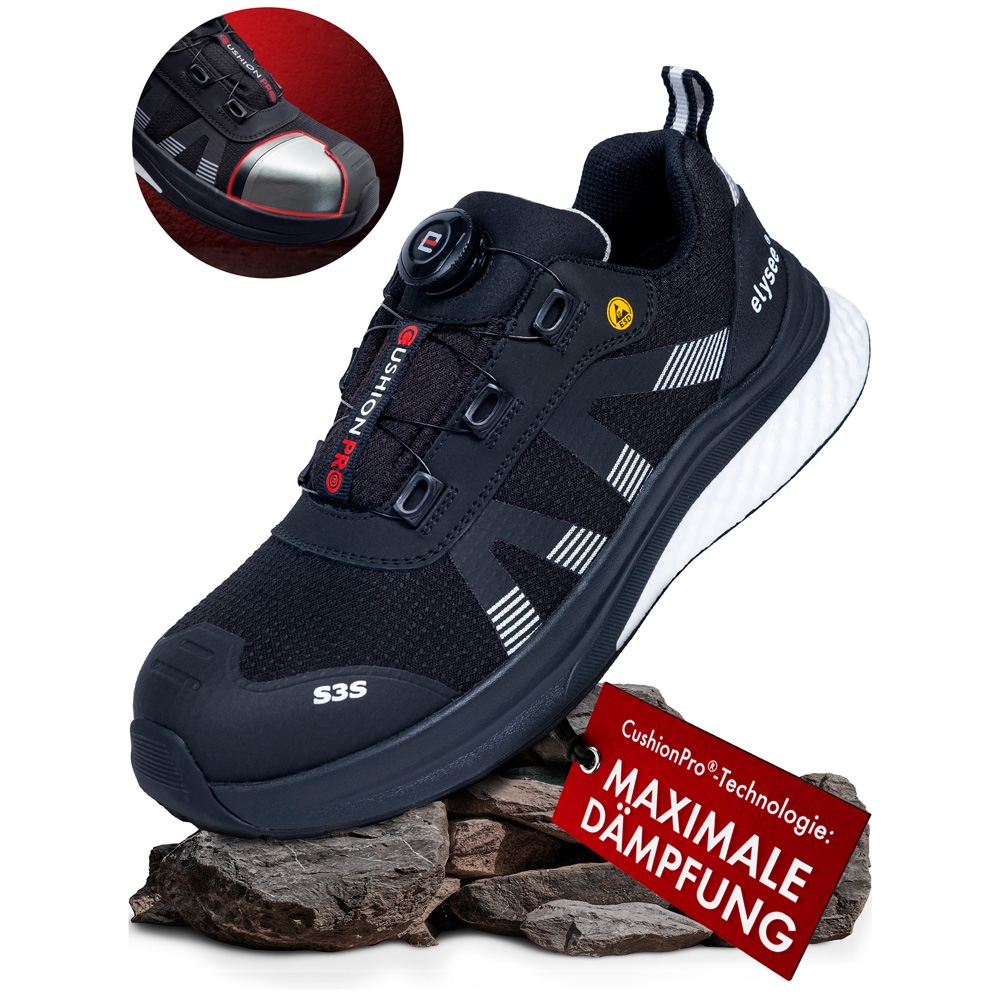 F-*CUSHIONPRO® MAX* STIEFEL S3S-*ELYSEE®* SCHWARZ/ WEIß ABGESETZT EN ISO 20345:2022 + A1:2024 S3S FO SR SC ESD