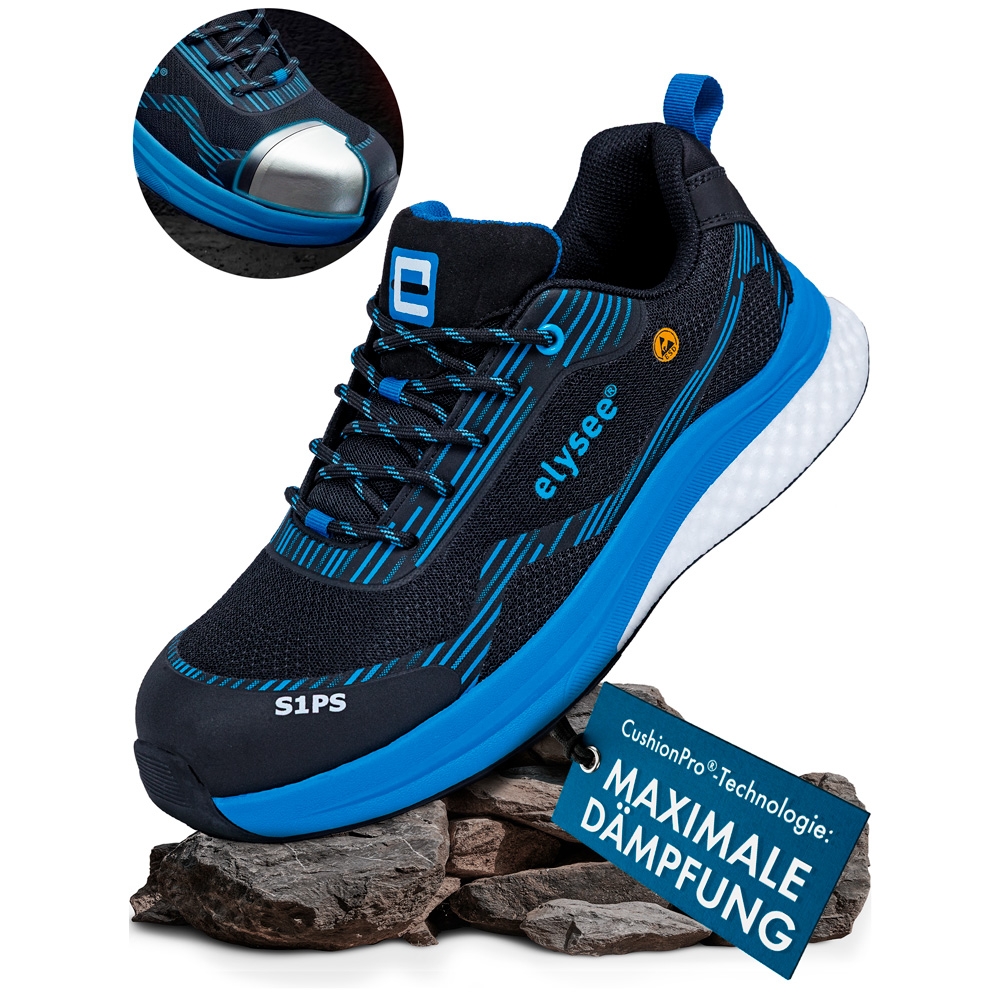 F-*CUSHIONPRO® DELTA* HALBSCHUHE S1PS-*ELYSEE®* SCHWARZ/ BLAU ABGESETZT EN ISO 20345:2022 + A1:2024 S1PS FO SR SC ESD