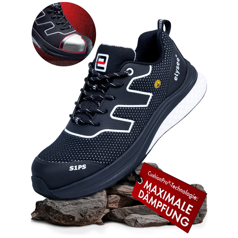 F-*CUSHIONPRO® CORE* HALBSCHUHE S1PS-*ELYSEE®* SCHWARZ/ WEIß ABGESETZT EN ISO 20345:2022 + A1:2024 S1PS FO SR SC ESD