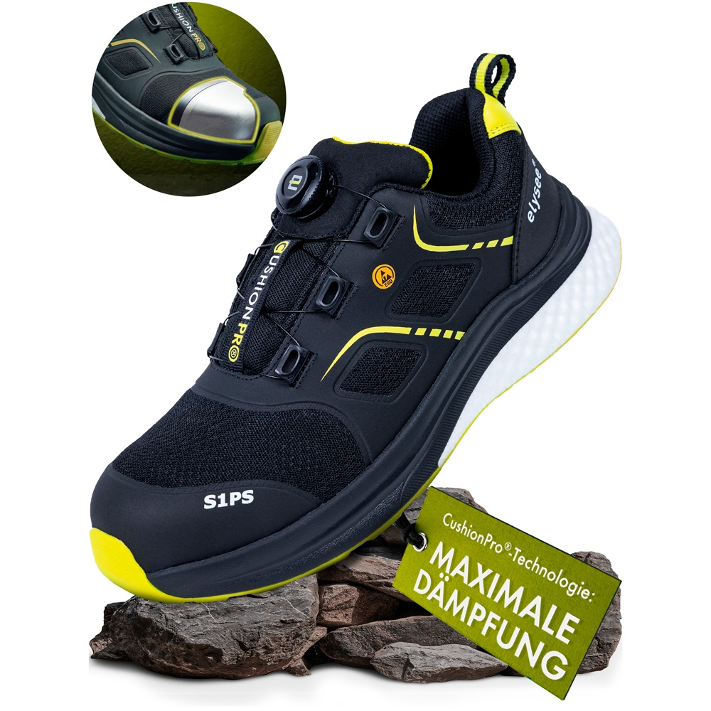 F-*CUSHIONPRO® FLEX I* HALBSCHUHE S1PS-*ELYSEE®* SCHWARZ/ GELB ABGESETZT EN ISO 20345:2022 + A1:2024 S1PS FO SR SC ESD