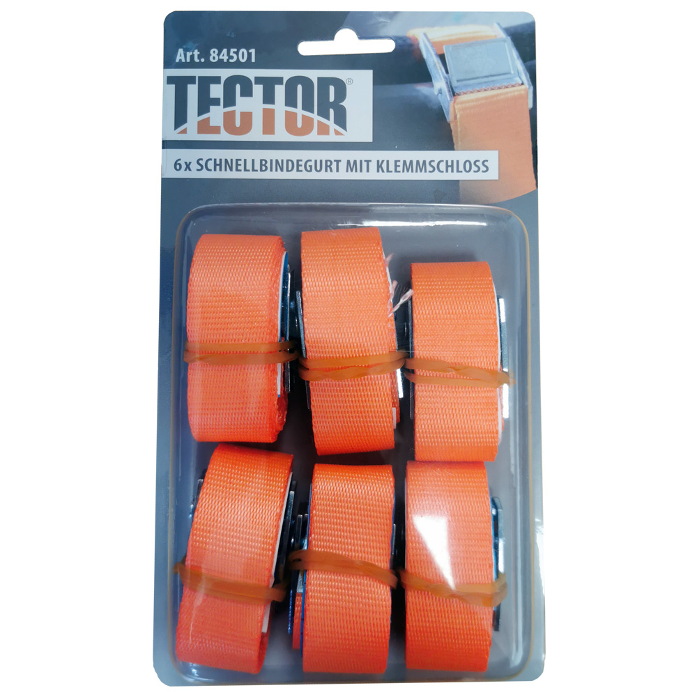 F-KLEMMSCHLOSS-ZURRGURT-SET,1-TEILIG, 6 STÜCK IM BLISTER, 60CM x 25MM, LC 250 daN, FARBE ORANGE, TECTOR®