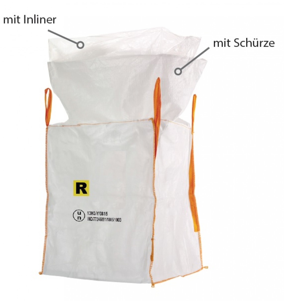 F-Big-Bag, UN Gefahrgut, 13H3Y, SF 6:1, mit Inliner und Schrze, 90 x 90 x 110 cm, Tragkraft: 1000 KG