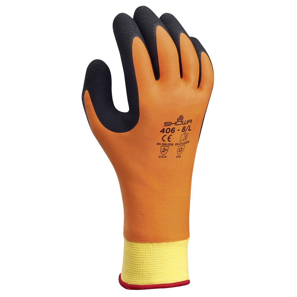 F-*SHOWA 406* SHOWA® HANDSCHUHE, POLYESTER / NYLON / POLYACRYL DOPPELLINER - GELB, DOPPELTE LATEX BESCHICHTUNG, ORANGE / SCHWARZ, KÄLTE- / HITZESCHUTZ, KAT 2